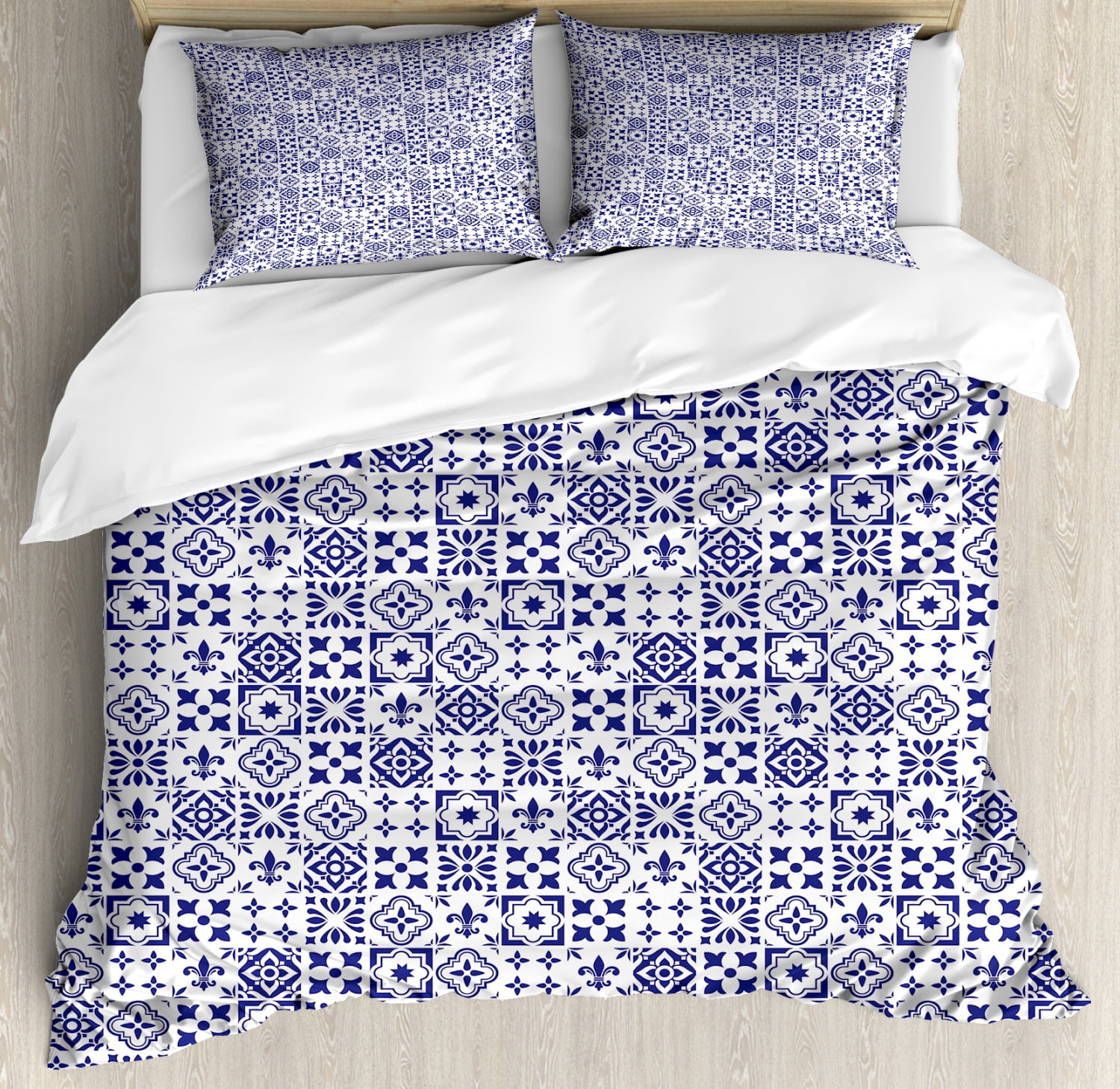 Indigo and White Duvet Cover Set, Geometric Pattern Portuguese Azulejo