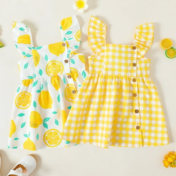 PatPat Toddler Girl Button Lemon Plaid Flutter-sleeve Dress,Sizes 18M-6Y,One Piece