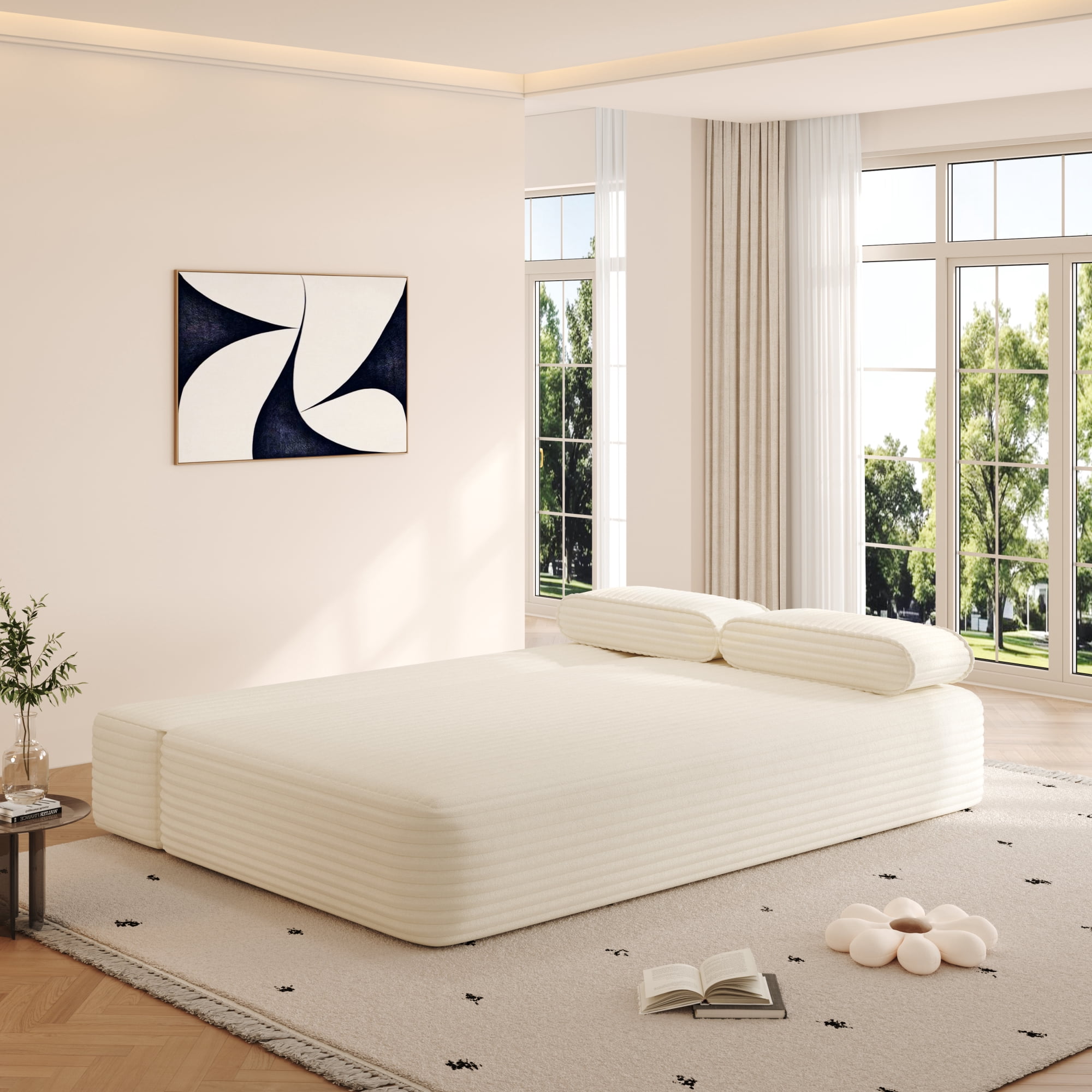 Leumius 78.7" Convertible Sofa Bed with 3 Pillows,Folding Boneless Couches with Deep Seats and Armrest,Plush Corduroy Fabric Futon Sofa Bed for Small Spaces, Apartments and Bedrooms,Beige