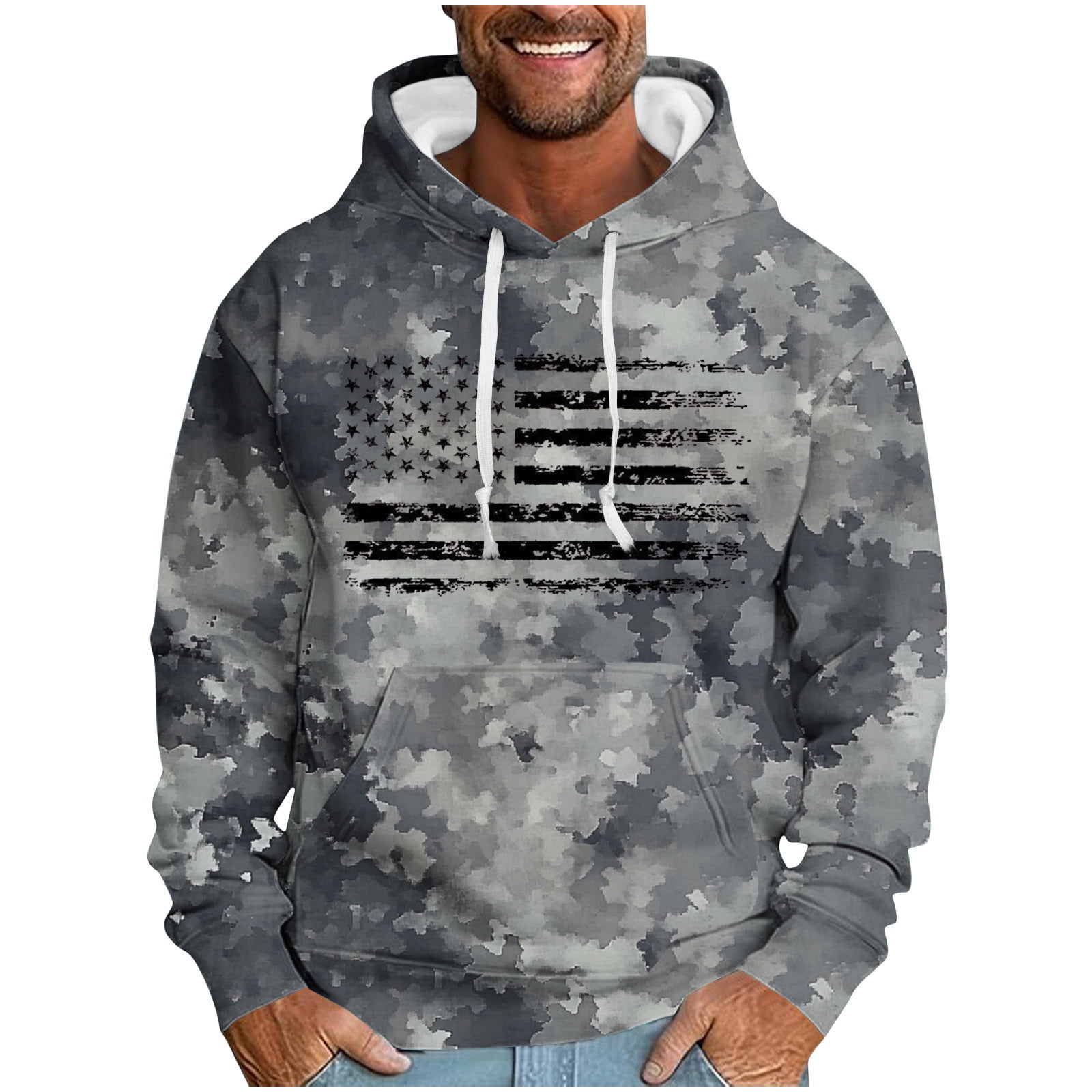 ZCFZJW Fashion Hooded Sweatshirts for Men Lightweight Regular Fit Casual Camo US Flag Print Long Sleeve Drawstring Hoodie Outwear Coat Patriotic Tops with Pocket Black L