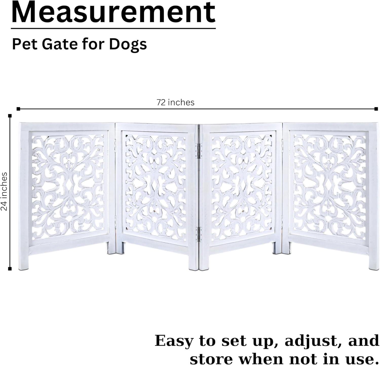 Free Standing Dog Gate – 4 Panel Foldable Wooden pet gate Indoor 72" W x 24" H, Hand-Carved Solid Wood & MDF, Portable Indoor Gate for Doorways, Halls, Stairs – Fully Assembled, Antique White