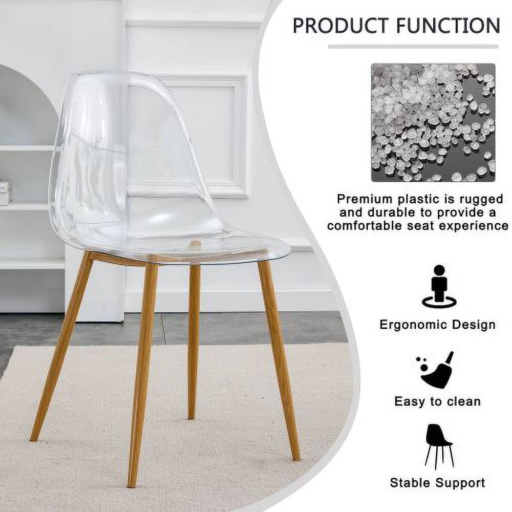 BSHTI Modern simple transparent dining chair plastic chair armless crystal chair Nordic creative makeup stool negotiation chair Set of 4 and wood color metal leg