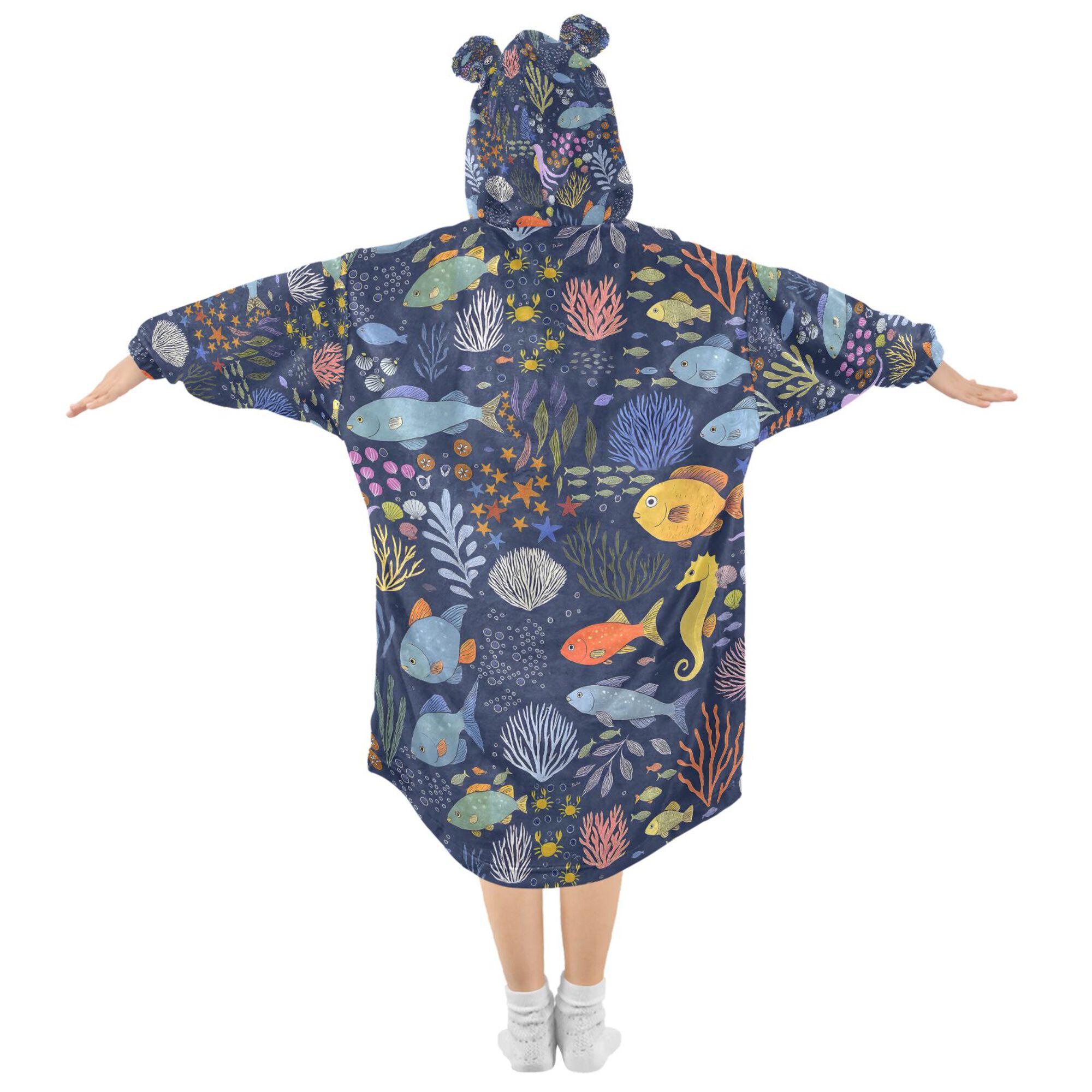 FORMRS Wearable Blanket Hoodie with Sleeves for Kids Cozy Flannel Sweatshirt, Cartoon Ocean Pattern