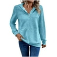 thumbnail image 2 of QATAINLAV Waffle Hoodies for Women Loose Fit Button V Neck Sweatshirts Casual Drawstring Hooded Pullover Solid Color Long Sleeve Blouse with Pocket Back to College Sale Blue XL, 2 of 5