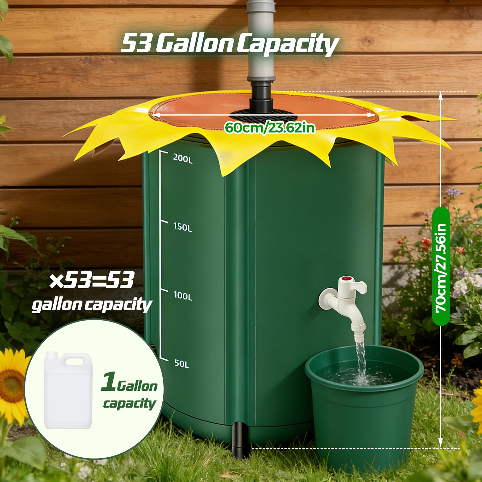 YTAKY Collapsible Rain Barrel 53 Gallon, Portable Rain Water Collection Barrel with 1000D Oxford Cloth, Spigot and Overflow Kit for Garden, Lawn, Outdoor - Green