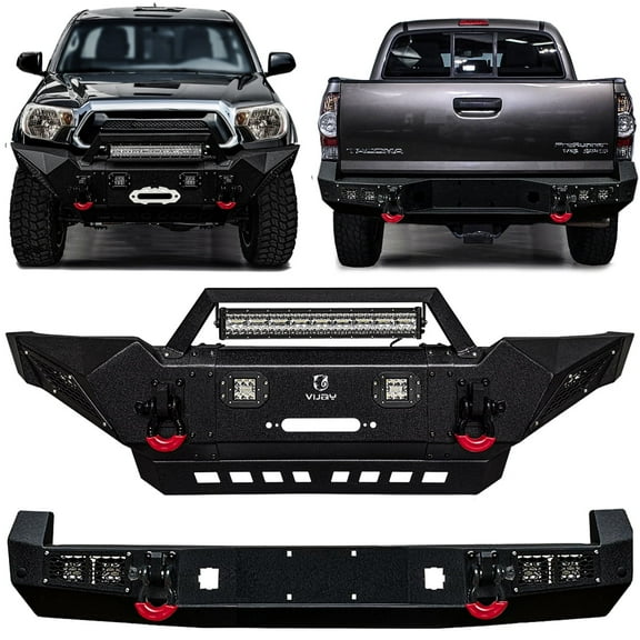 Vijay Compatible with 2005-2006-2007-2008-2009-2010-2011-2012-2013-2014-2015 Toyota Tacoma Front and Rear Bumper Textured Black Steel with Lights and D-rings