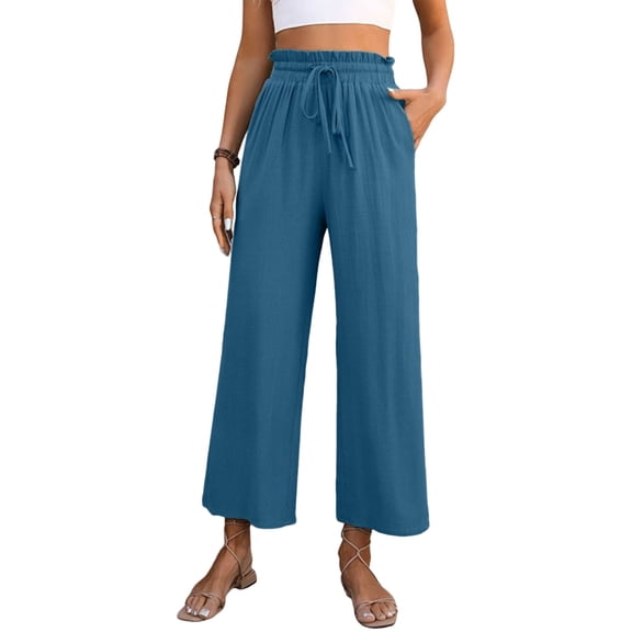 JULMCOMO Capri Pants for Women With Pockets Cotton Linen High Waisted Drawstring Cropped Pants Loose Fit Wide Leg Beach Vacation Flowy Casual Trousers Dark Blue 2XL