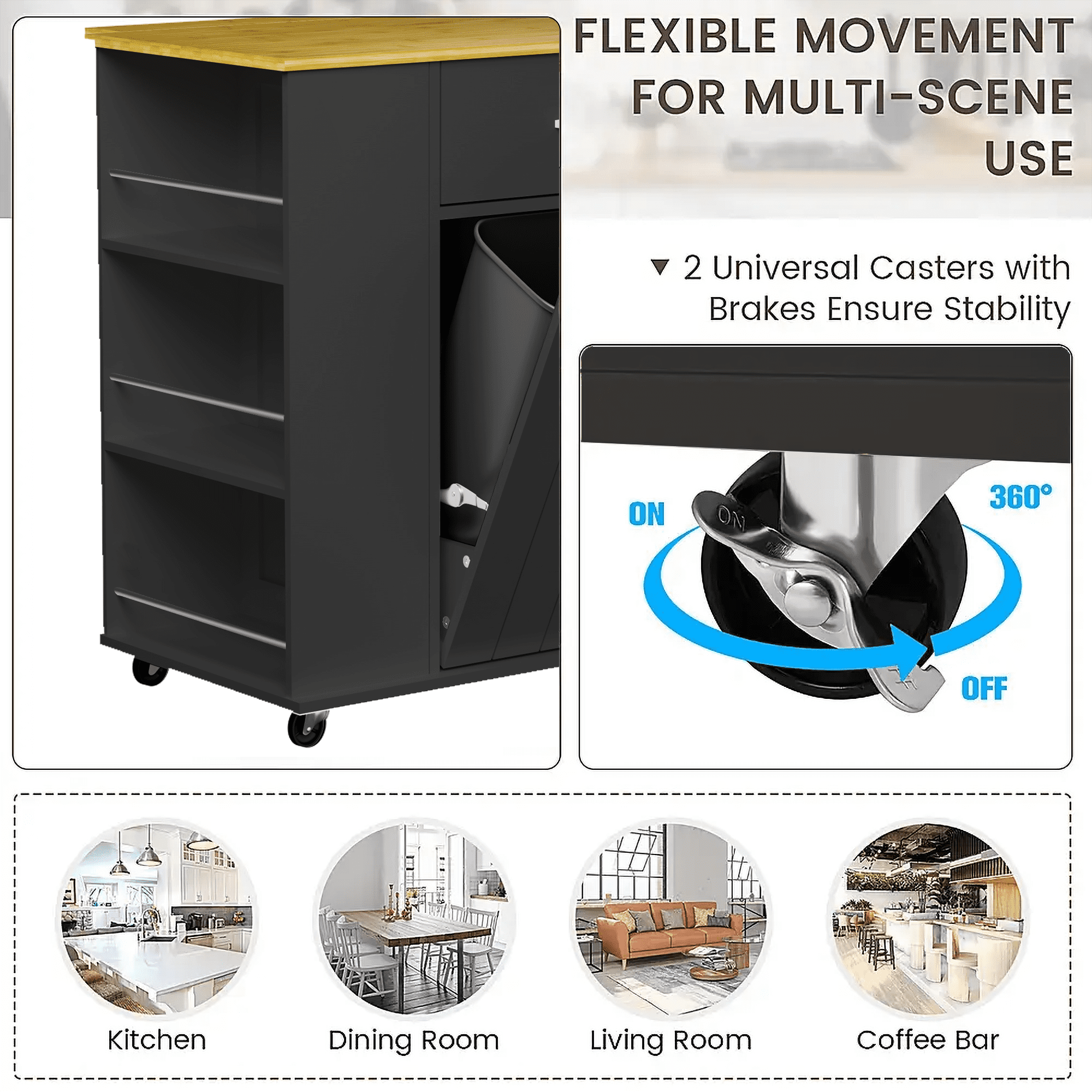 Glavbiku Rolling Kitchen Island Cart with Tilt-Out Trash Bin Cabinet & Drawer for Kitchen,Black