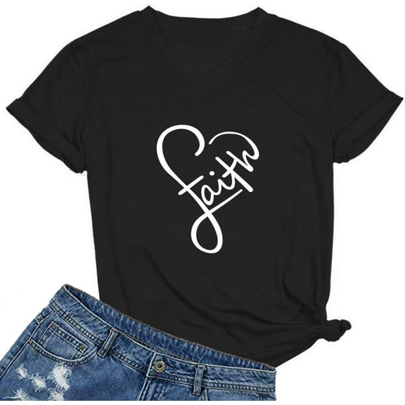 MIMOORN Womens V Neck Faith Print Summer Casual T-Shirt Short Sleeve Tees Tops