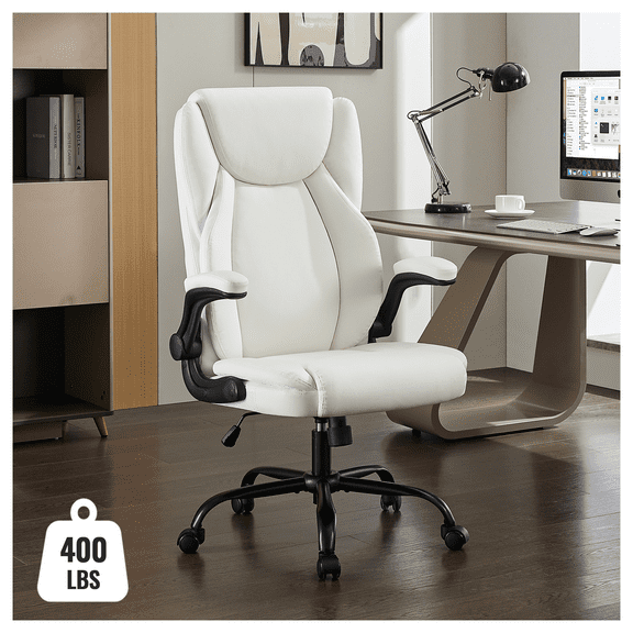 TMV Reclining Ergonomic Office Chair - Big and Tall Executive Desk Chair, Comfy Leather Computer Chair for Home and Office,White