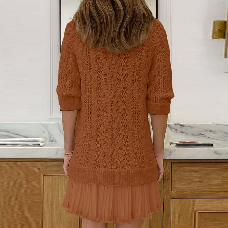 Mohiass Sweater Dress with Skirt, Cableknit Sweater Dress, Crewneck Long  Sleeve Pleated Mini Dress Brown 2XL