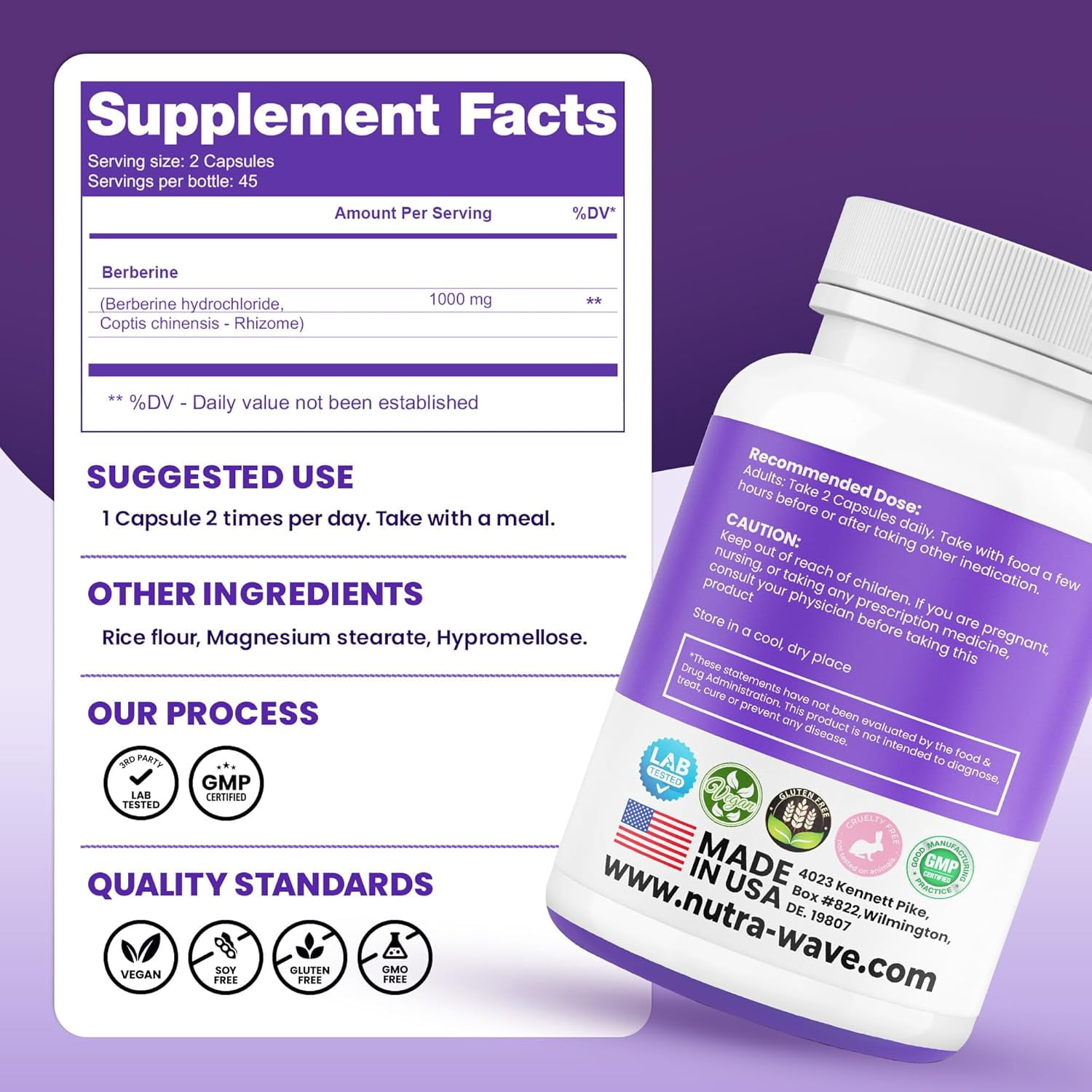 Nutra Wave Berberine 1000mg, Blood Sugar & Metabolism Support, 90 Vegan Capsules