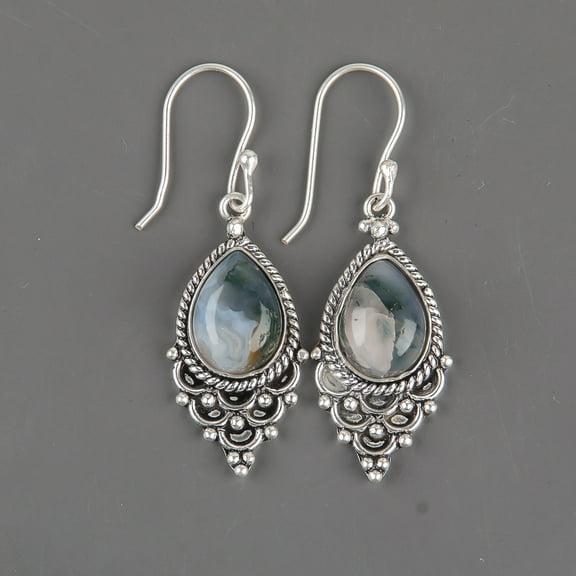 Moss Agate Earrings 925 Sterling Silver Jewelry