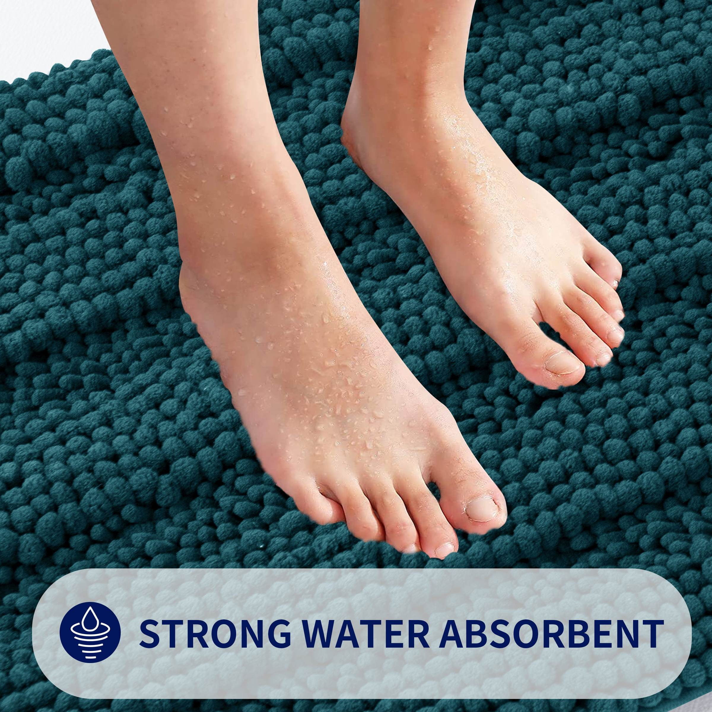 Subrtex Bathroom Rugs Non-Slip Chenille Soft Striped Plush Bath Mat (Blue, 16"x24"+20"x32")
