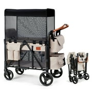 Matladin Wagon Stroller for 2 Kids, Foldable All-Terrain Wagon for Toddler with Canopy, 5 Point Harness, Adjustable Handlebar, Shoulder Bag, Beige