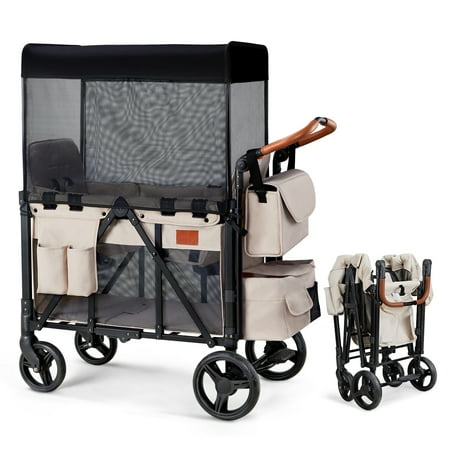 Matladin Wagon Stroller for 2 Kids, Foldable All-Terrain Wagon for Toddler with Canopy, 5 Point Harness, Adjustable Handlebar, Shoulder Bag, Beige