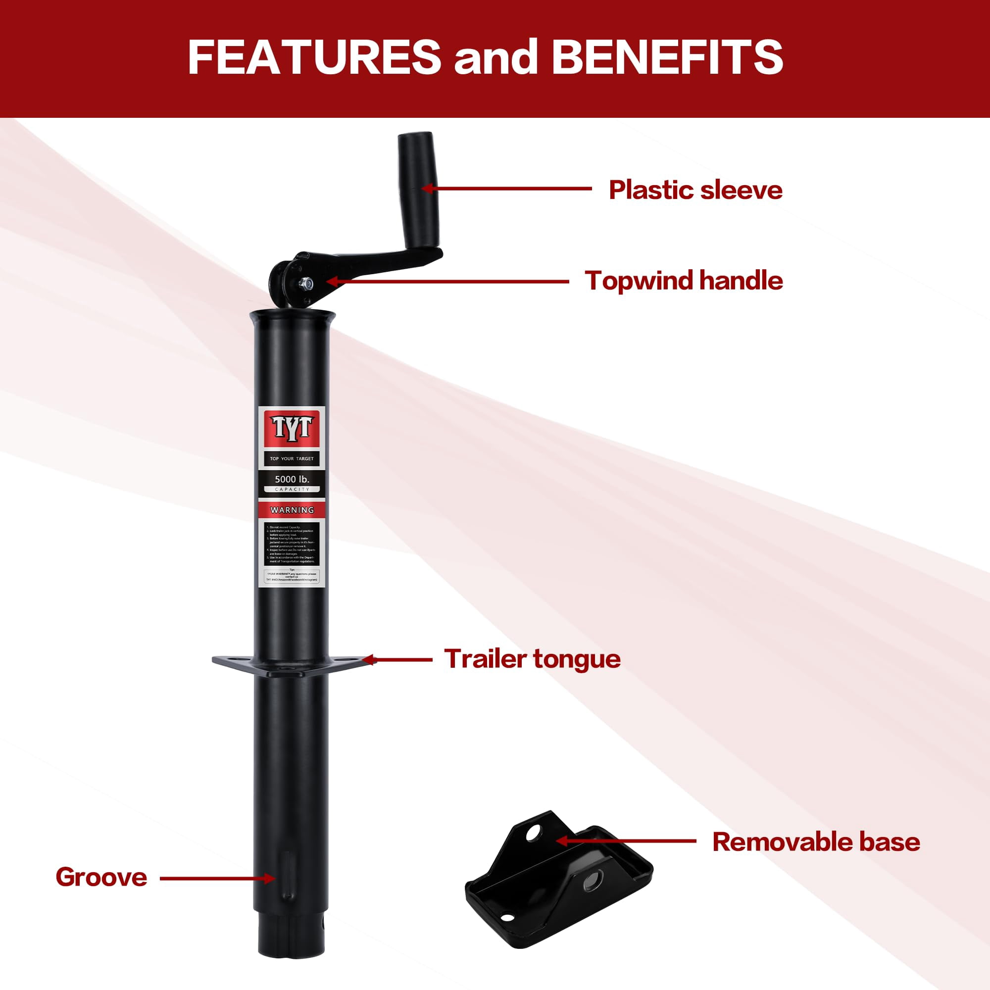 TYT Heavy Duty 5000 lbs A-Frame Trailer Jack with 15" Top-Wind Vertical Travel, Black Sandblast Coating, and Foot Plate for RVs, Boat, Utility, and Camping Trailers