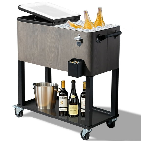 80-Quart Outdoor Beverage Rolling Cooler for Backyard Deck Patio with Wheels, Wood Grain Gray