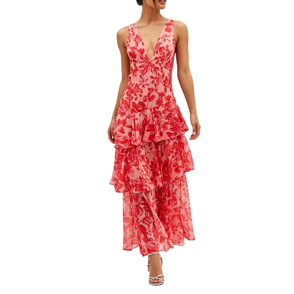 QUNYINEY Sleeveless Women Summer Dresses Long A Line Floral Sundress Slim Fit V Neck Beach Ruffle Dresses