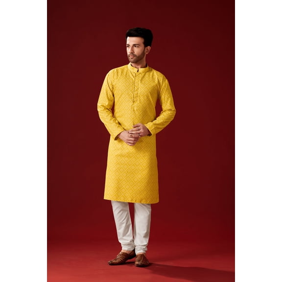 Men's Yellow Color Indian Traditional Wear Tunic Cotton Kurta Pajama Set