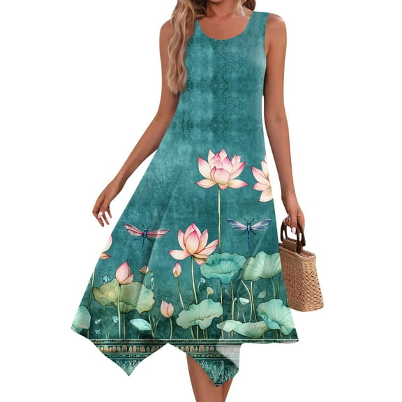 XDDLITP Womens Summer Dresses Round Neck Sleeveless Dress Floral Print Handkerchief Hem Midi Tank Dresses with Pockets Casual Dress,Cyan L