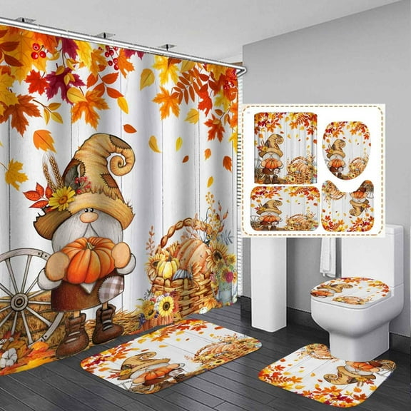 4PCS Fall Shower Curtain Sets with Rugs, Waterproof White Fabric Shower Curtain, Autumn Harvest Blue Orange Pumpkin Watercolor Eucalyptus Leaves Botanical Berry Thanksgiving Bathroom Decor
