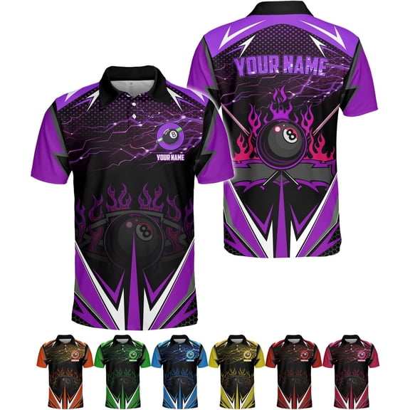 Personalized 8 Ball Polo Shirt, Billiard Shirt Custom Billiard Player 3D Print Shirts for Men Women Teams Pool (Polyester, PL28) (Purple, S)