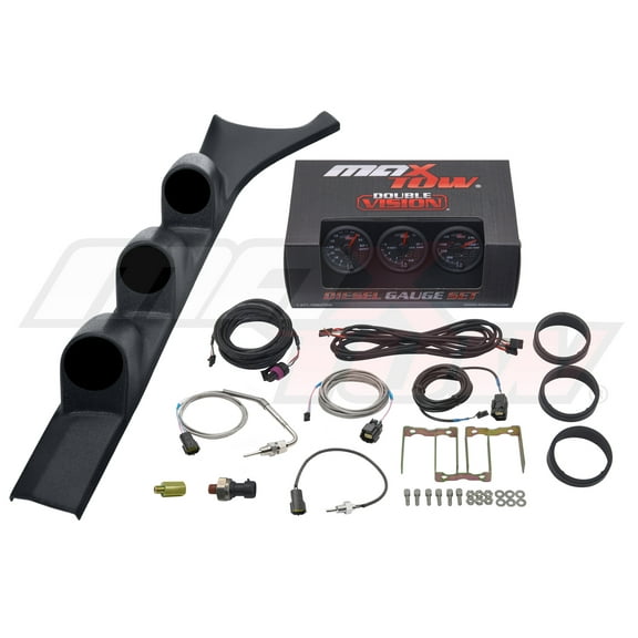 MaxTow | 1986-1993 Dodge Ram 12v First Gen Cummins Black Triple Gauge Pillar Pod with Black & Green Double Vision Series 60 PSI Boost Gauge, 1500 F EGT Pyrometer & Trans Temp Gauge