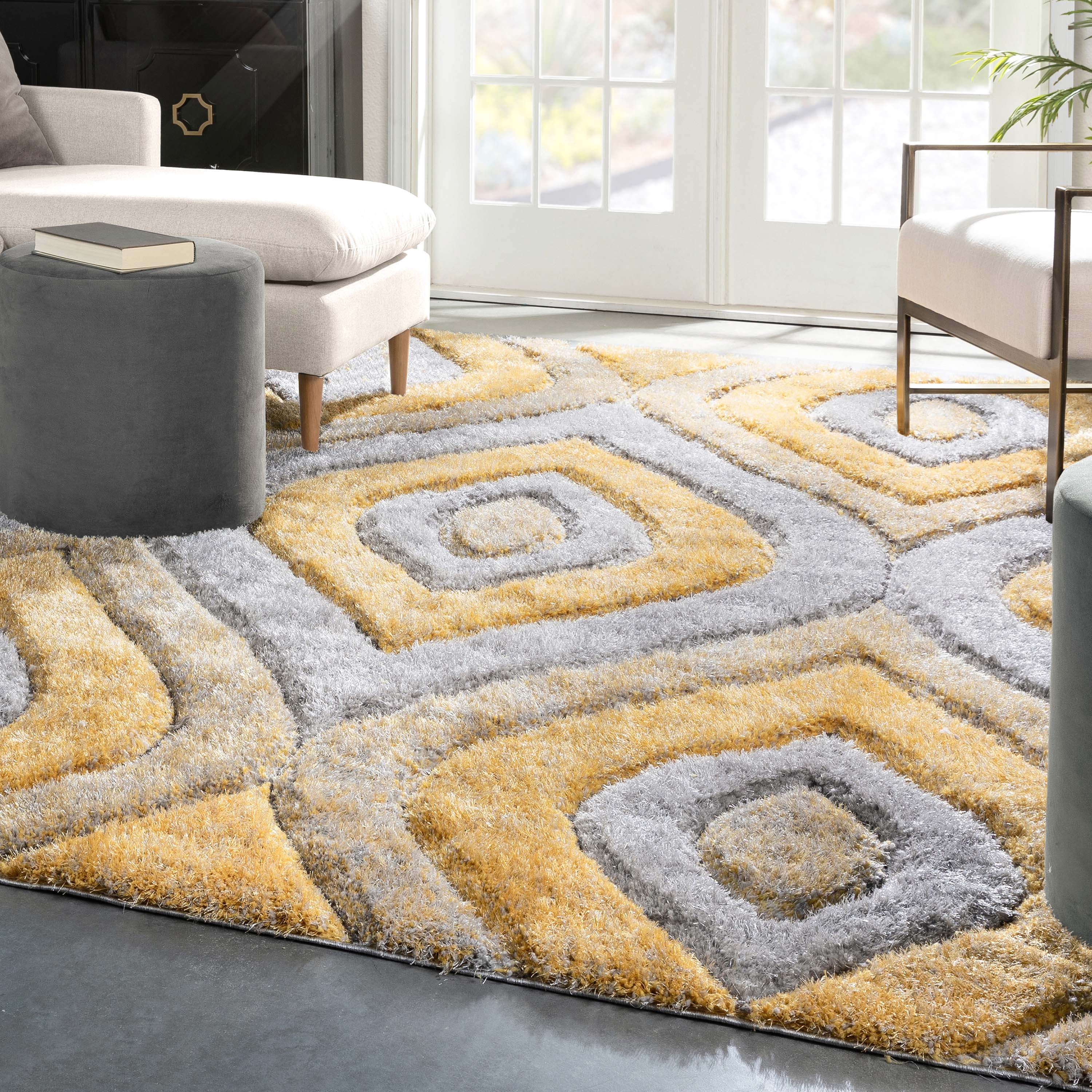 Well Woven San Francisco Malibu Yellow Modern Trellis Ogee 5'3" x 7'3" Shag 3D Textured Area Rug