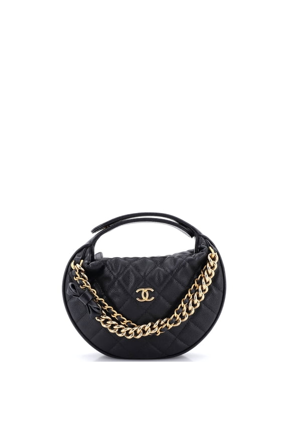 Pre-Owned Double Chain Bow Hobo Pouch Quilted Caviar Mini By Rebag