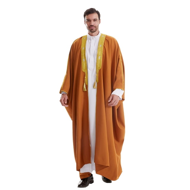 Male Solid Color Long Sleeve Robe - Arabic Style Middle Eastern Thobe - Polyester/Spandex Blend for Warmth and Comfort