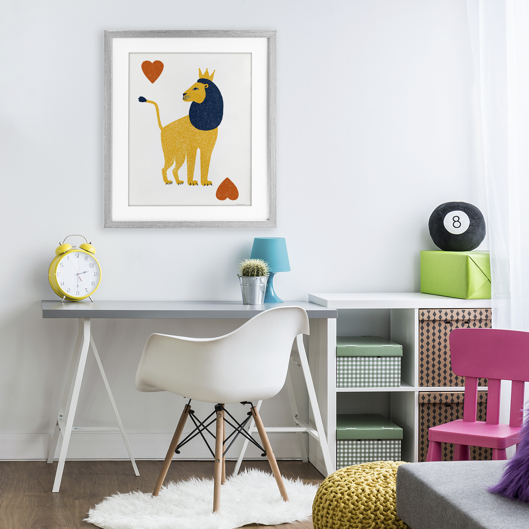 Lion & Hearts Card Gray Framed Print Under Glass, design by Svetlana Aleynikova