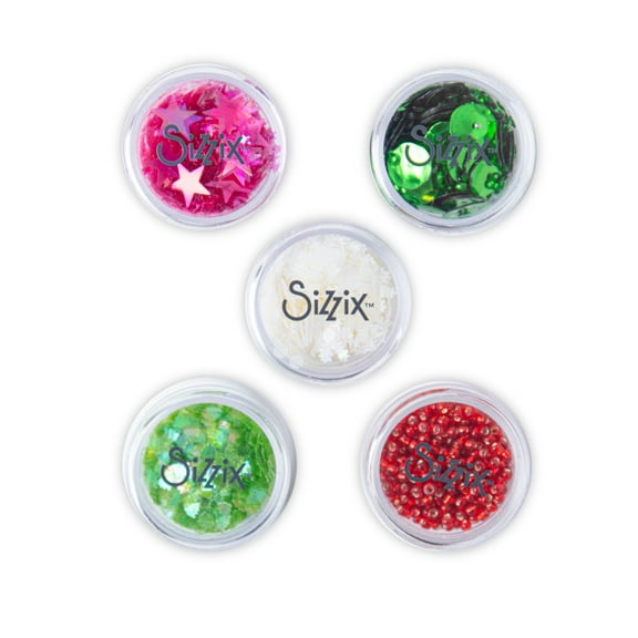 Sizzix Christmas Fir Tree Sequins & Beads in 5 Pots with Festive Embellishments