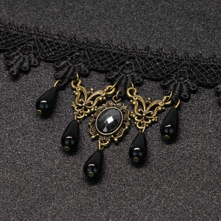 Gothic Lace Necklace & Earrings Set – Vampire Halloween Jewelry With Crystal Glass Cameo, Punk Style