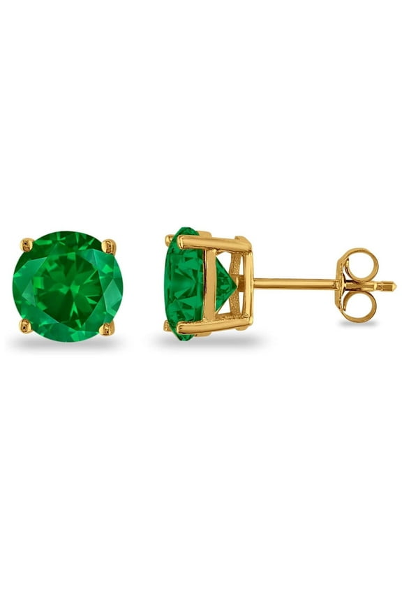 2 Ct Round Emerald Stud Earrings, 14k Yellow Gold Jewelry Gift for Women plated