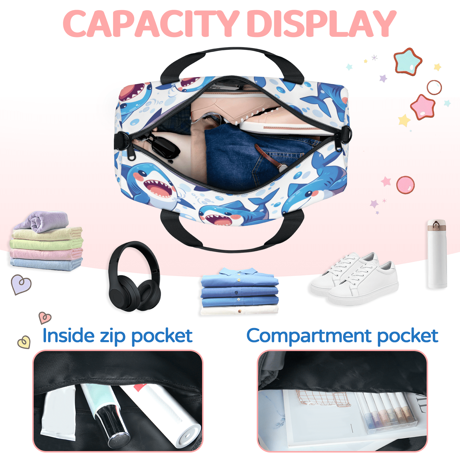 Herdesigns Cute Shark Gym Bag for Women, Duffle Bag for Travel Sport, Nautical Lightweight Waterproof Carry on Weekender Dance Yoga Workout Bags