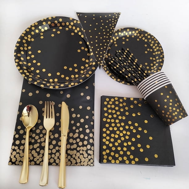 Juego de vajilla desechable para fiesta de cumpleaños con lunares negros bronceados, bandeja de papel, vasos de papel, decoración con forma de bandera