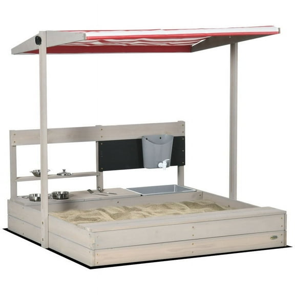 Children's toy wooden sandbox with adjustable canopy, comes with kitchen toy set