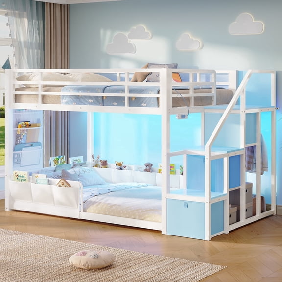 Low Bunk Bed Twin Over Twin with Storage Stairs & Dual Level Guardrails, LED Floor Bunk Bed with Drawers, Charging Station, Metal Bunk Bed Frame, Space Saving