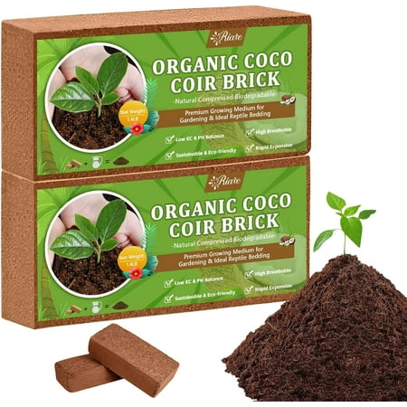 Riare 2pcs Organic Coco Coir Bricks Soil Blocks- 100% Natural Compressed Coco Peat Brick Coconut Fiber Substrate with Low EC& pH Balance, High Expansion Coco Coir Pith Coconut Husk for Garden