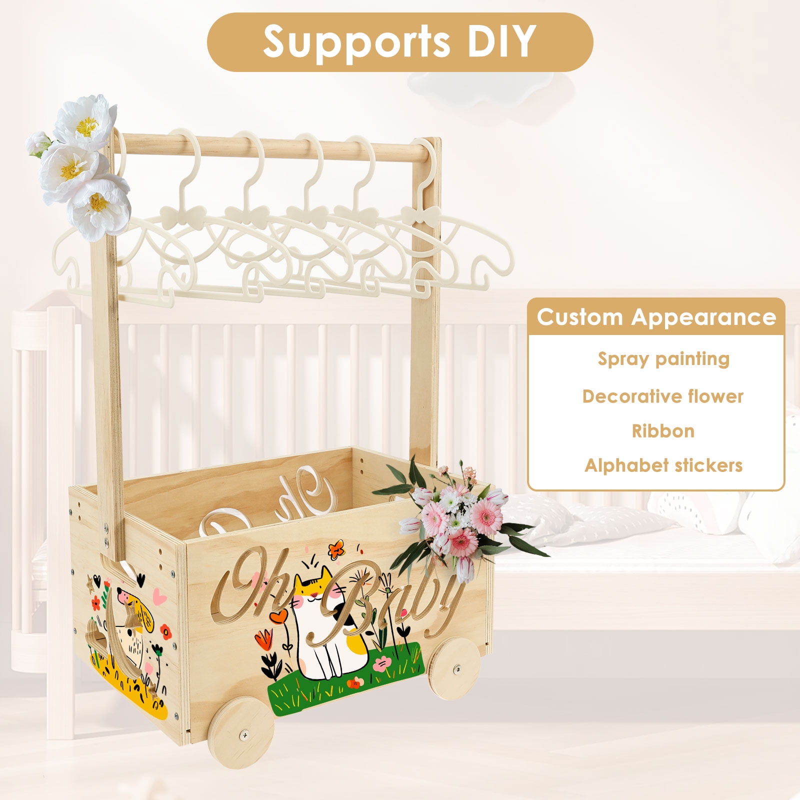 Wooden Baby Shower Crate Closet with Wheels Creative DIY Baby Shower Present Basket with 6 Hangers for Clothes Toys