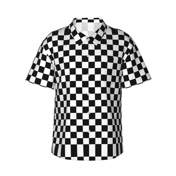 Black White Checkerboard Hawaiian Shirts For Men, Summer Short-Sleeve Relaxed-Fit Button-Down Shirts Small