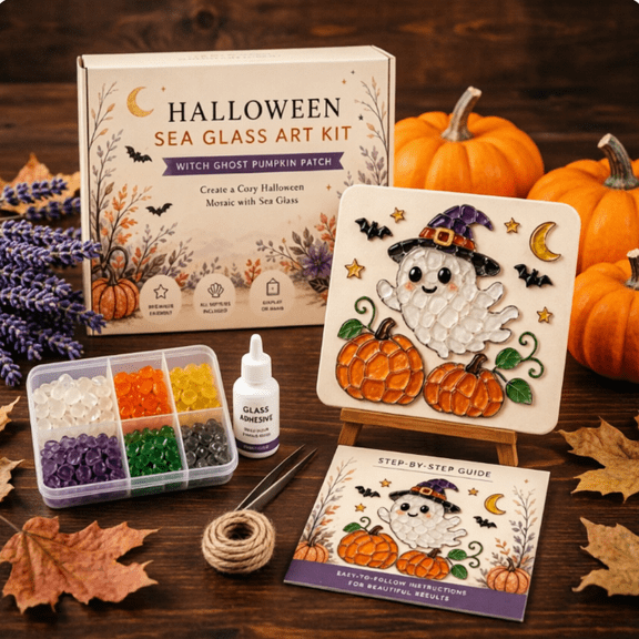 Halloween Sea Glass Art DIY Kit – All-in-One Festive Craft Box Perfect for Seasonal Keepsake Making Witch Ghost
