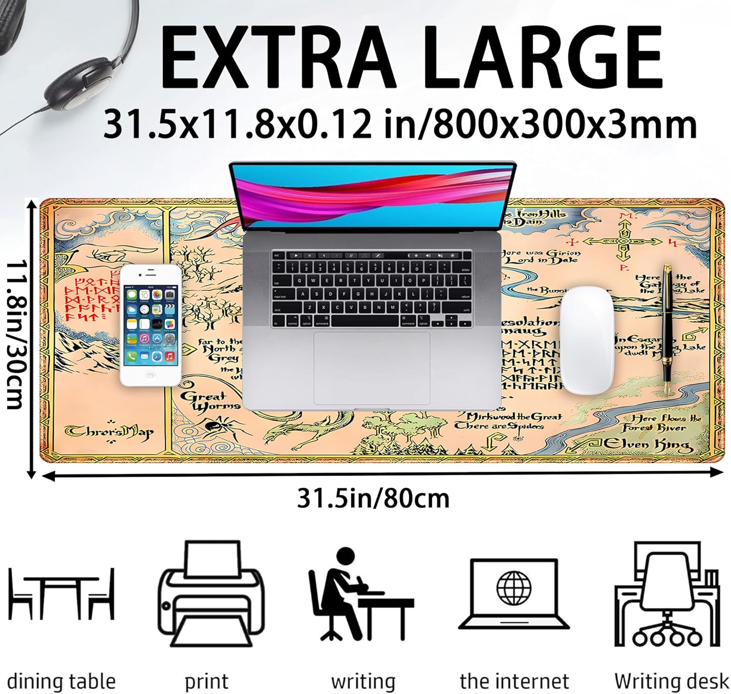 Vintage Desk Pad Gaming Desk Mat XL Mouse Pad, Computer Keyboard Mat Extra Large Mouse Mat, Personalized Desktop MatAged Yellow Desk Protector Mat, Special Symbol Desk Decoration 31.5" x 11.8"