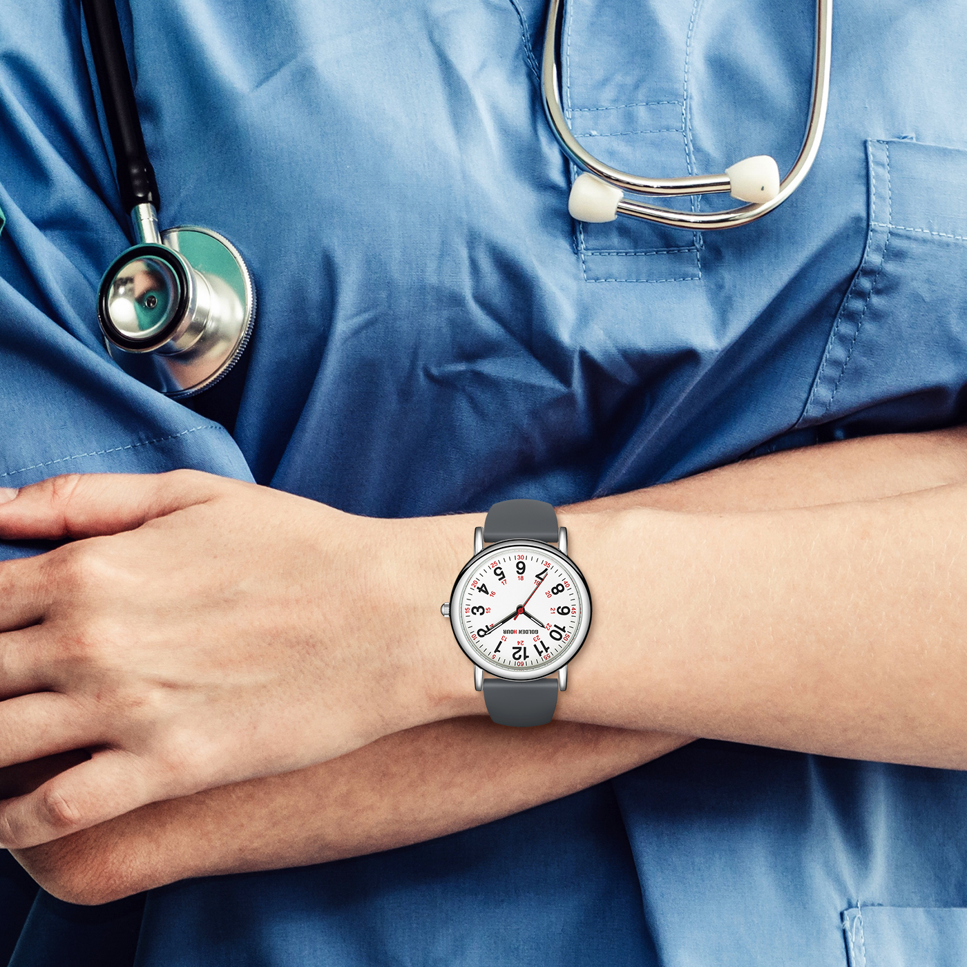 GOLDEN HOUR Waterproof Nurse Watch for Medical Professionals, Students Women Men - Military Time Luminouse Easy Read Dial, 24 Hour with Second Hand, Colorful Silicone Band
