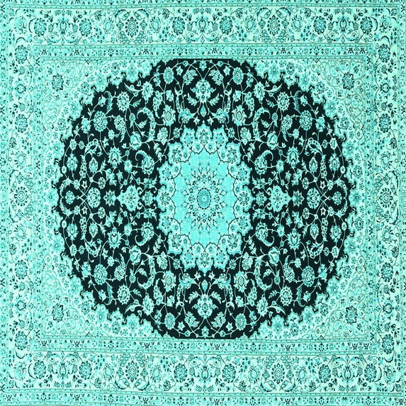 Ahgly Company Machine Washable Indoor Square Medallion Turquoise Blue Traditional Area Rugs, 4' Square