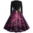 thumbnail image 4 of Christmas Dresses for Women Long Sleeve Flare Dress with Merry Christmas Print for Hollow Party Casual Square Collar Dresses,Dark Purple,M, 4 of 4