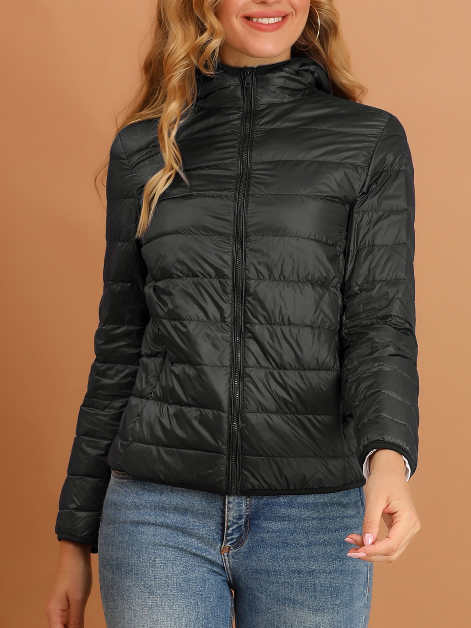 DARING DIVA Women's Hooded Zip Up Short Down Lightweight Jacket L Black