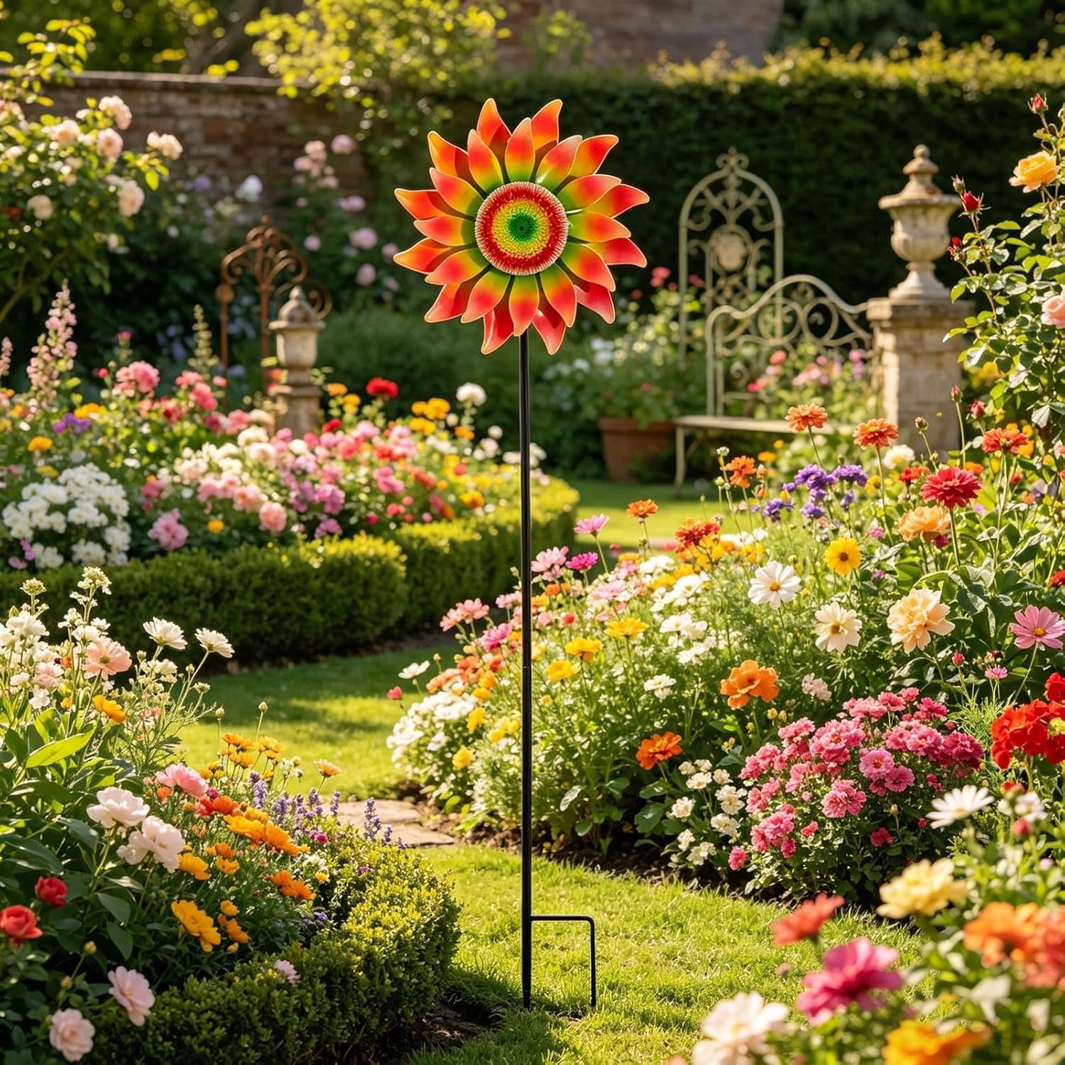 48" Metal Pinwheel Wind Sculpture with Stake, 360° Rotating Windmill Yard Art, Sunflower Wind Spinners for Outdoor, Kinetic Wind Sculptures for Garden Lawn Backyard Patio Decoration(Q)