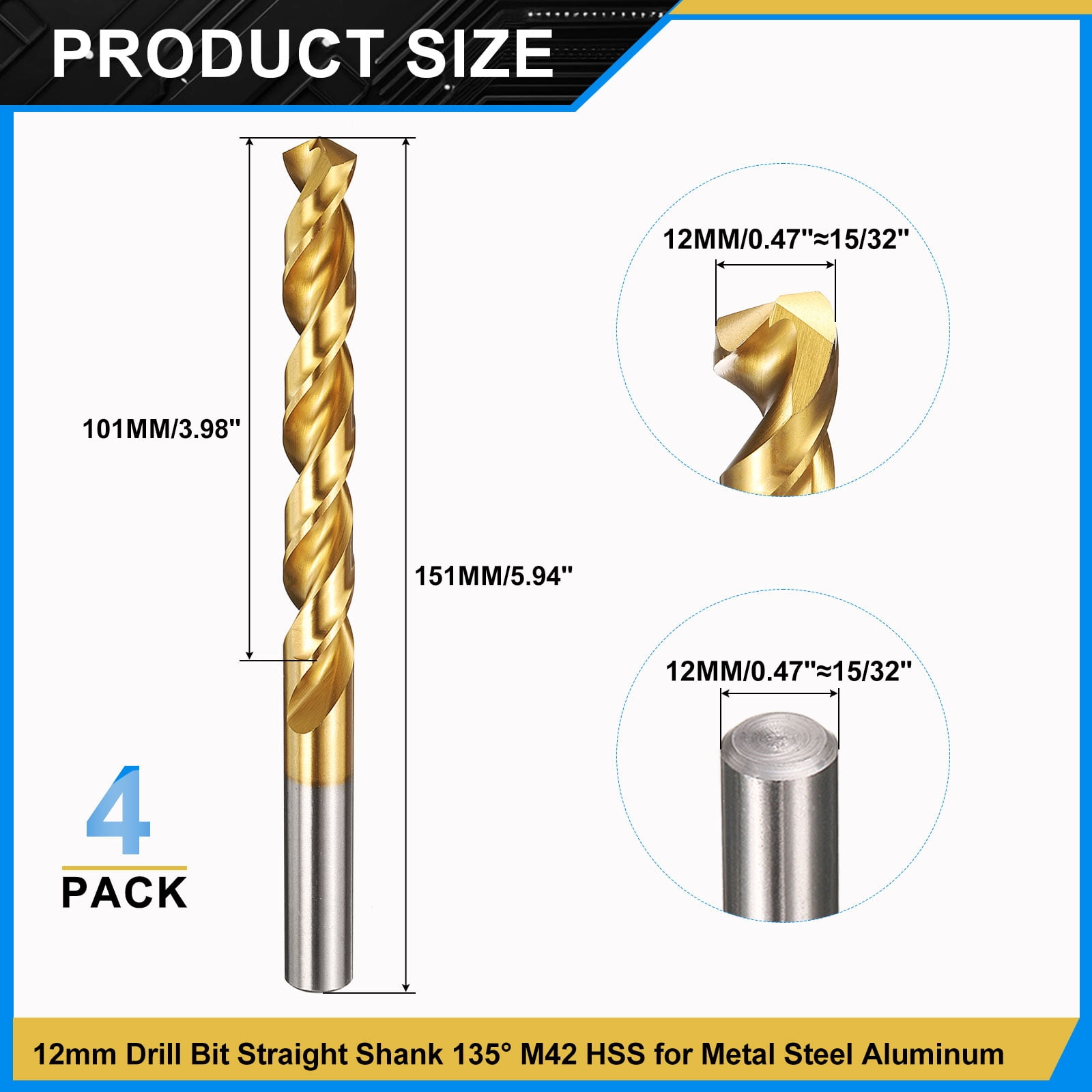 Uxcell 12mm Drill Bit, M42 8% Cobalt High-Speed Steel Jobber Straight Shank 135° Titanium Nitride (TiN) Coated for Hard Metal Stainless Steel 4 pack